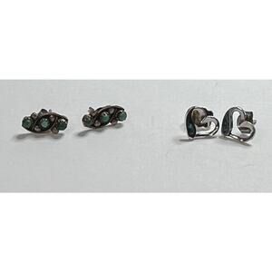 2 Pair Turquoise and Silver Heart Shape and Antique‎ Swirl Post Earrings
